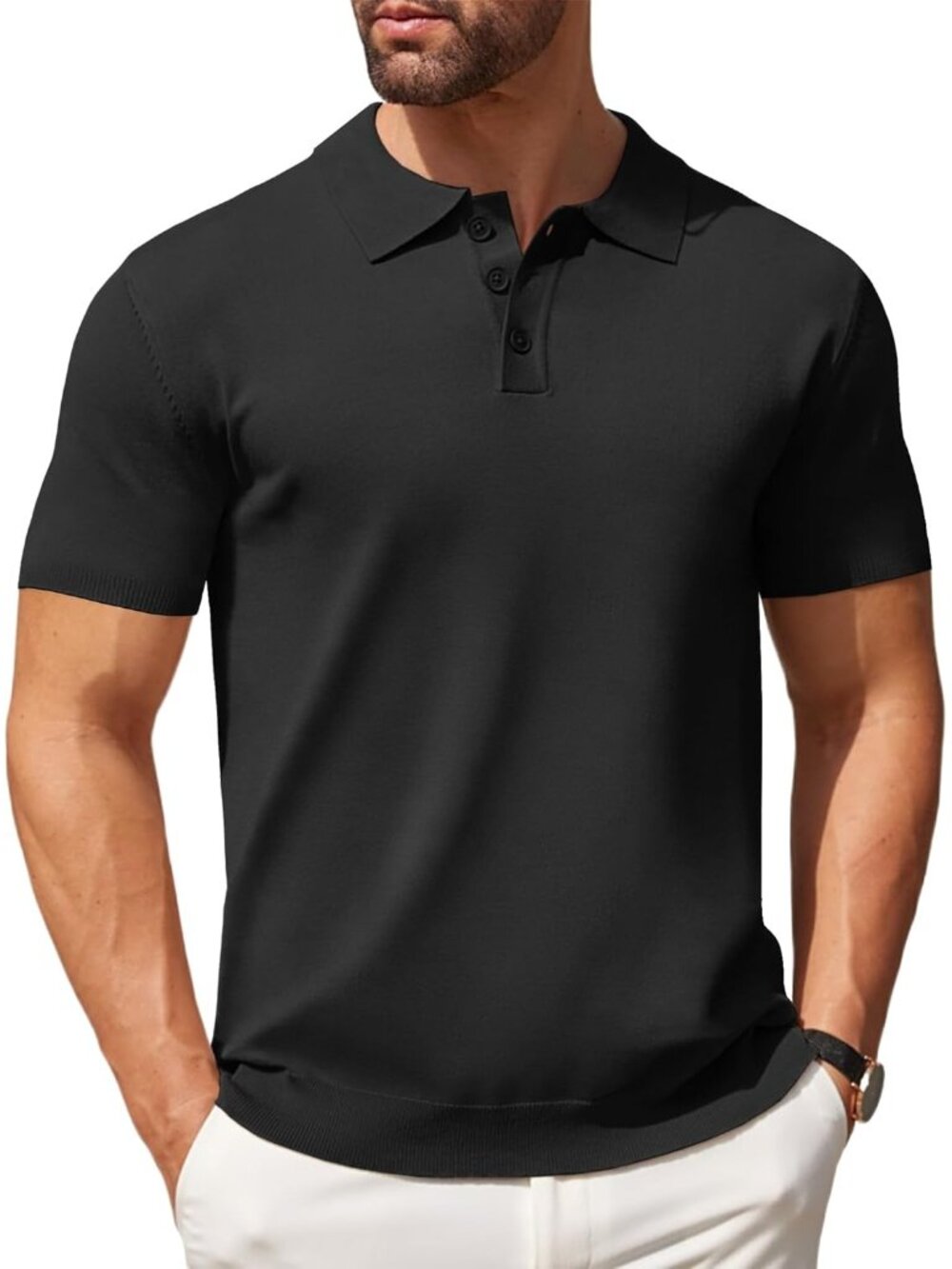 Mens All Black Knit Polo Shirts Casual Short Sleeve Button Down Golf Tee Classic